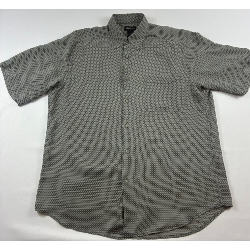 Claiborne Button Up Shirt Mens Large Grey Blue 100% Silk Short Sleeve Geometric